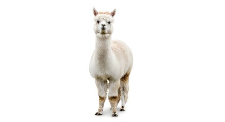 Fototapeta premium Adorable white alpaca with soft, fluffy fur standing upright, looking directly at the viewer with a gentle expression on a clean white studio background