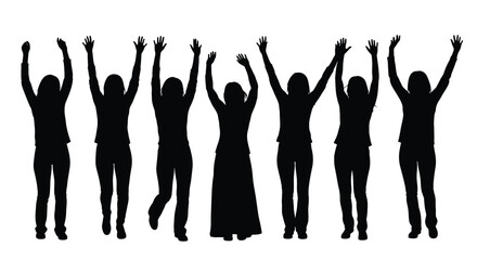 Silhouettes of women with arms raised in a celebratory or victorious pose