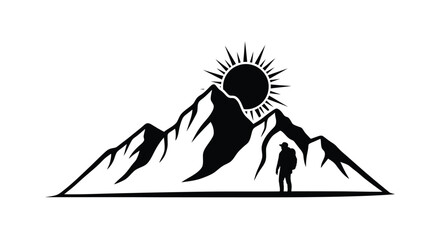 Silhouette of a hiker stands before a mountain range and rising sun © Siam Studio