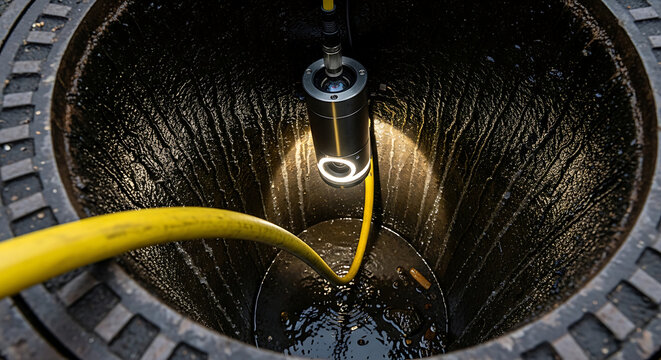 Professional plumbing equipment used for sewer maintenance featuring a waterproof inspection camera cable inserted into a dark wet drainage manhole system for diagnostic repair work.