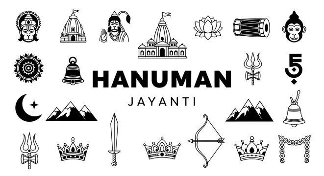 Image is a black and white vector illustration featuring a collection of Hindu religious symbols and motifs, arranged in a grid layout. Central to the design is the text 'HANUMAN JAYANTI' in bold, upp