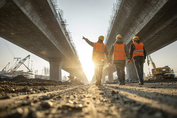 Construction workers inspecting bridge construction site at sunset with heavy machinery and cranes in background, teamwork and safety concept in industrial environment