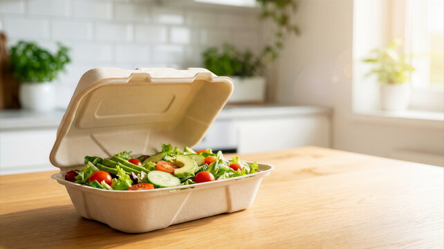 Fresh salad with avocado and cherry tomatoes in an eco-friendly takeaway container on a wooden kitchen table, bathed in natural light.