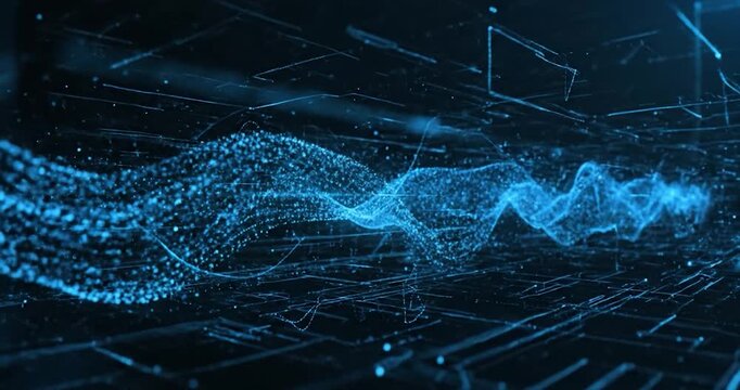 Abstract digital wave of glowing blue particles and data points