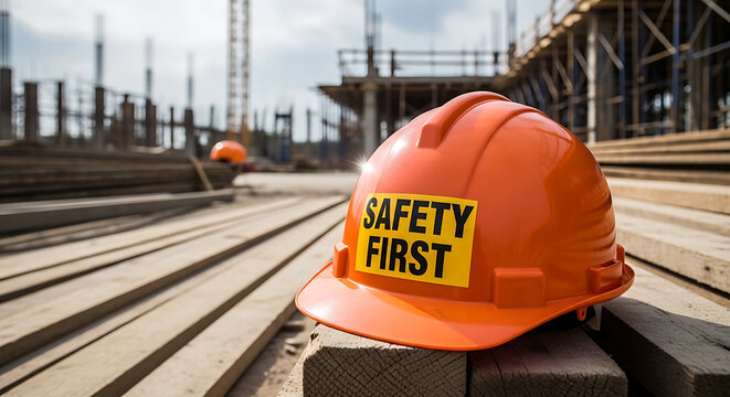 Vibrant orange protective hard hat resting on industrial construction site featuring safety first text message to symbolize rigorous occupational compliance and workplace security protocols.