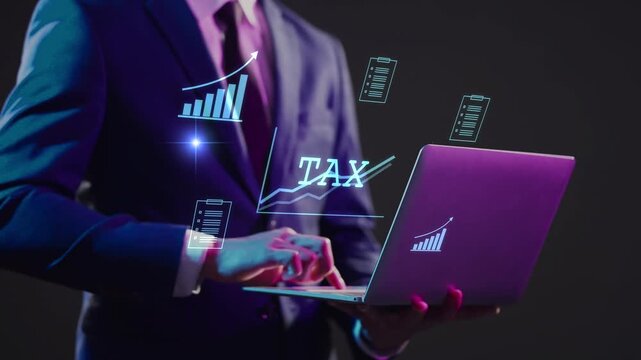 Digital tax filing Tax return financial planning analyzing  data revenue deductions filing income tax online payment mobile app computer technology. Business tax management economy 