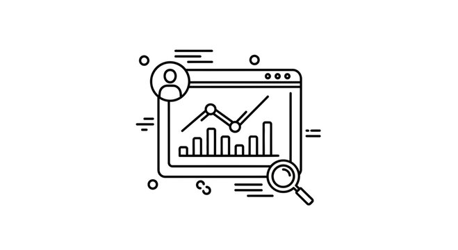 Business analytics dashboard with charts, user profile, and magnifying glass icon
