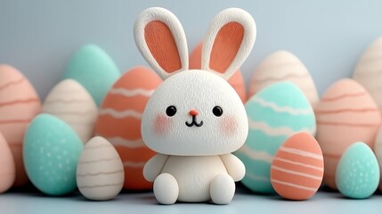 Obraz premium Adorable Bunny Surrounded by Colorful Easter Eggs in Pastel Shades