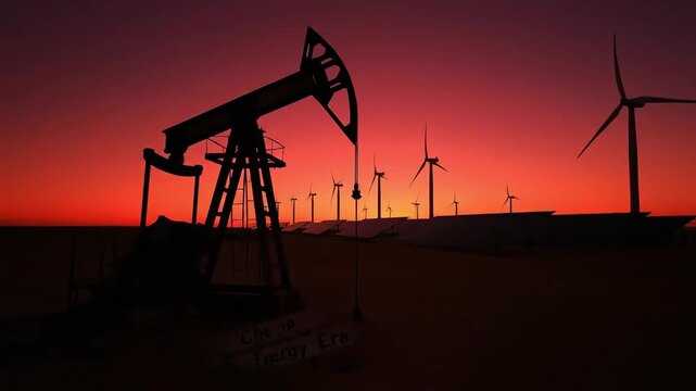 silhouette of an oil rig at sunset in the desert next to wind generators and solar panels shows the transition from the old energy era to renewable energy sources for the future