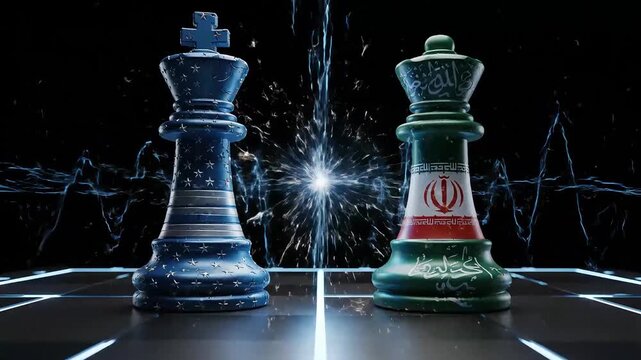 chess pieces of the king and queen painted in the colors of the us and iranian flags stand on a futuristic board representing geopolitical strategy and international confrontation