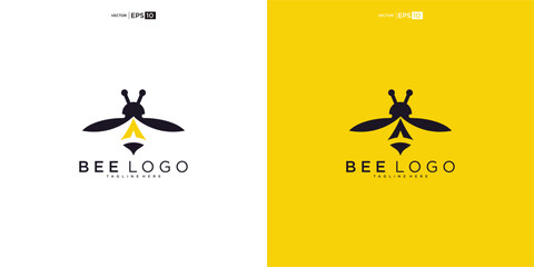 Elegant graphic representation of a honeybee emblem in black and yellow, suitable for various logo applications © vigi