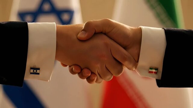 firm handshake between representatives of israel and iran against the background of national flags symbolizing the conceptual possibility of peace diplomatic breakthrough and tension