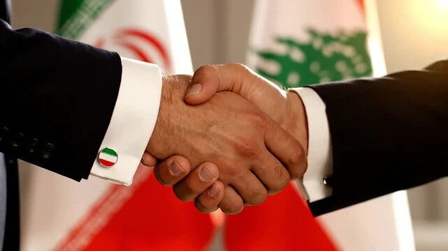 close up of an official handshake between representatives of iran and lebanon in business suits with cufflinks in the form of flags symbolizing a political union and diplomatic ties