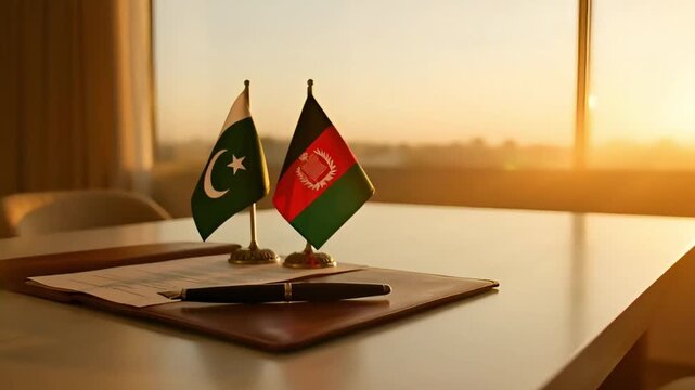 pakistan and afghanistan flags on table with signed documents and pen during sunset background
