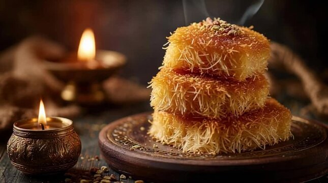 Ramadhan still life with candle and kunefe