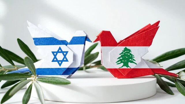 origami doves with israel and lebanon flags on olive branches as peace symbol