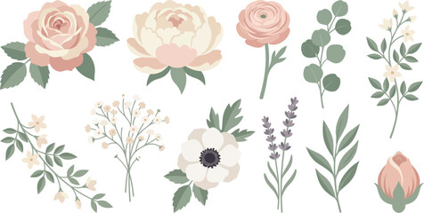 Elegant wedding floral elements with garden rose peony ranunculus eucalyptus in blush pink cream sage green for sophisticated romantic branding design © Madhuka Disanayaka