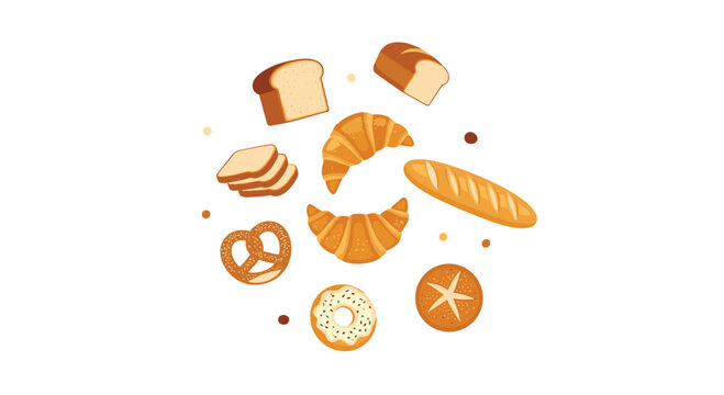 A collection of various bread types including croissants, a baguette, a pretzel, and a donut are arranged in a circle on a white background.