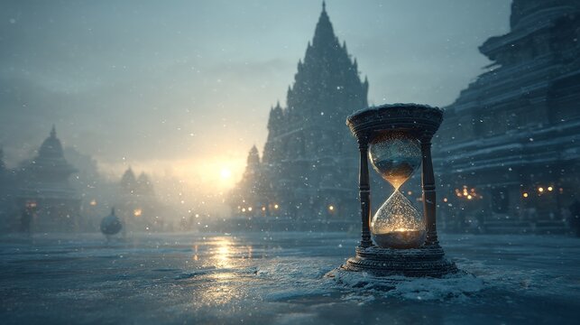Ethereal Indian winter scene with ancient hourglass in snow, golden morning light reflecting off glass, delicate snowflakes falling, and distant temple silhouette in mystical fog.