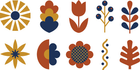 Modern abstract floral shapes with geometric daisy tulip berry sprig in mustard yellow navy blue rust orange for mid century contemporary branding design © Madhuka Disanayaka