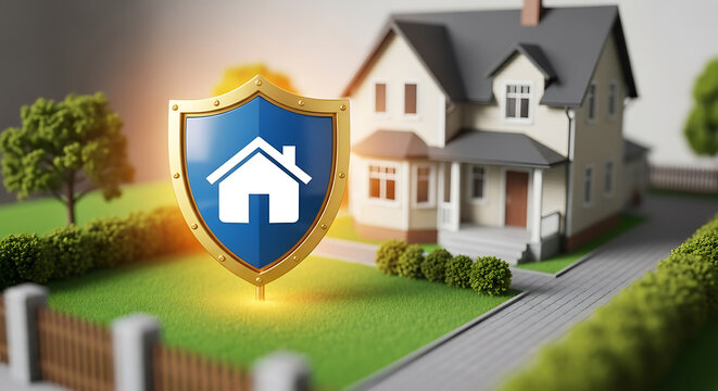 Miniature residential building architectural model situated on lush green lawn featuring metallic security shield icon symbolizing property insurance coverage, safety guarantee and real estate asse...