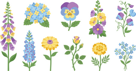 Classic cottage garden floral elements with foxglove hydrangeas pansy hollyhock in violet soft yellow sky blue for traditional floral branding design © Madhuka Disanayaka