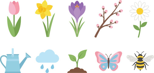 Classic spring blossom elements with tulip daffodil crocus cherry blossom daisy in pastel pink sky blue leaf green for seasonal nature branding design © Madhuka Disanayaka