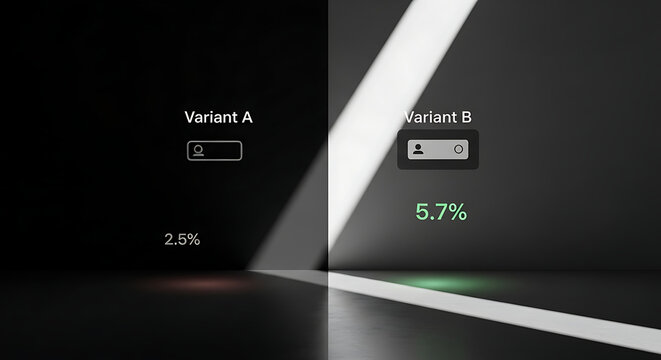 Minimalist Dark Room with Geometric Light Beam Forming a Sharp Triangle Creating a Metaphor for Comparison Split Testing Performance and Conversion Rate Optimization Concept