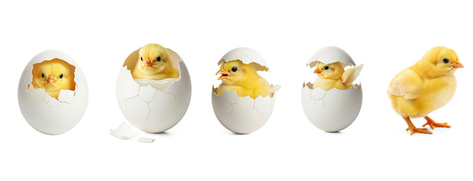A fluffy yellow chick emerges from a cracked eggshell. The chick is in various stages of breaking free from its shell, with four chicks shown in different stages of hatching.