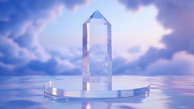 Clear Quartz Point on Circular Base with Ethereal Clouds Background for Metaphysical Healing and Elegant Spiritual
