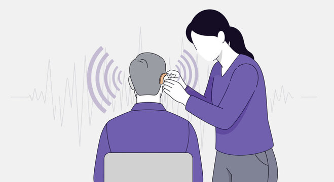 Audiologist examining patient's ear, hearing test, sound waves, audiology clinic