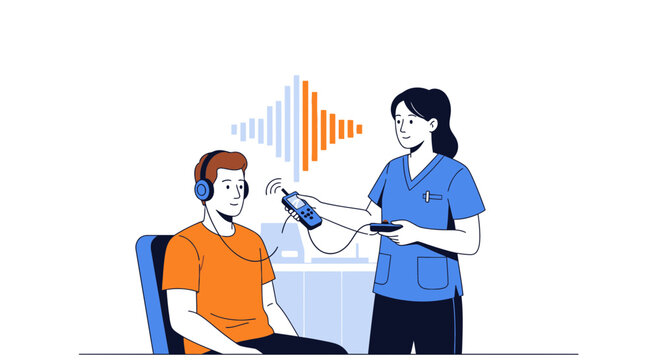 Audiologist performs hearing test on patient with headphones and audiometer in clinic