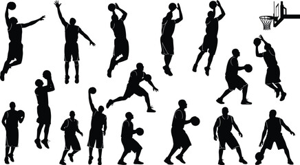 Basketball silhouettes of players dribbling, shooting, dunking, passing, jumping, hoop with net, athletic movements, sports competition, fitness training, vector illustration, black silhouette art © Nahl
