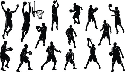 Basketball player silhouettes in dynamic action, dribbling, shooting, passing, dunking, hoop play, athletic sports competition, energetic movement illustration design © Nahl