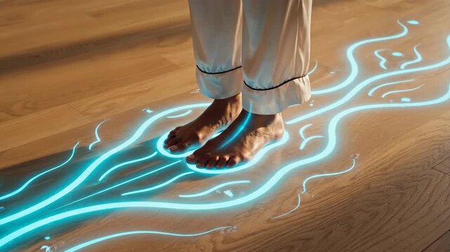 Futuristic wellness technology harmony with glowing energy line on warm wooden floor for calm morning future home interior