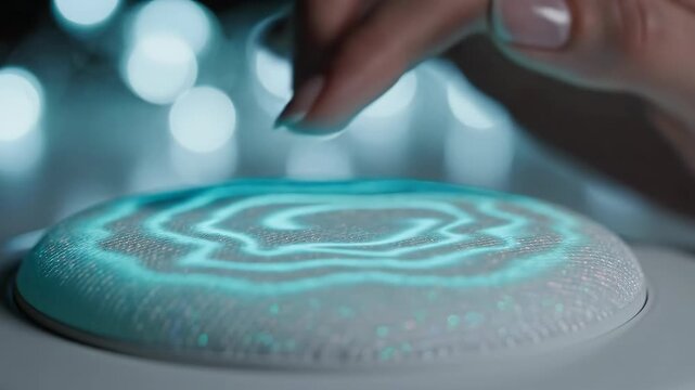 Futuristic device interface with glowing sound wave pattern and gentle finger touch on wellness technology harmony surface