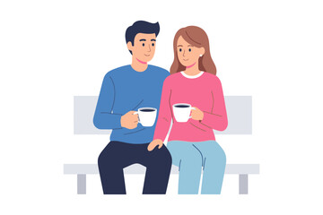 Fototapeta premium Young Couple Sitting On Bench Drinking Coffee Together Vector Illustration