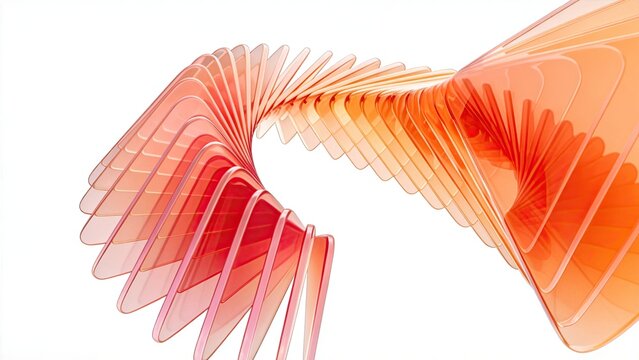 Abstract 3d rendering of flowing orange and red translucent glass layers creating a dynamic spiral shape isolated on white background for modern design technology and creative concepts