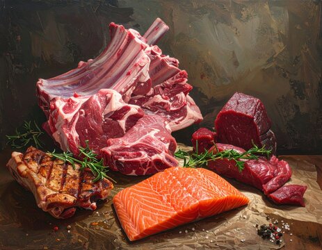 Mix of raw meat and fish . Salmon , beef , pork , chicken staek . Top view photography.