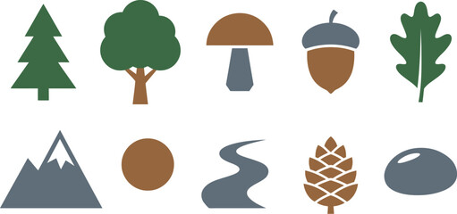 Modern forest nature elements with coniferous tree mushroom acorn oak leaf mountain in pine green earthy brown slate grey for professional outdoor branding design © Madhuka Disanayaka