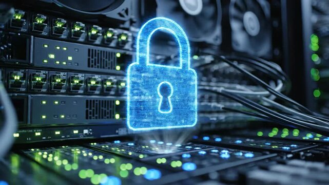 Cybersecurity data privacy ai protection concept with digital padlock icon glowing in secure server room for network security