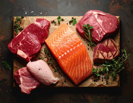 Mix of raw meat and fish . Salmon , beef , pork , chicken staek . Top view photography.