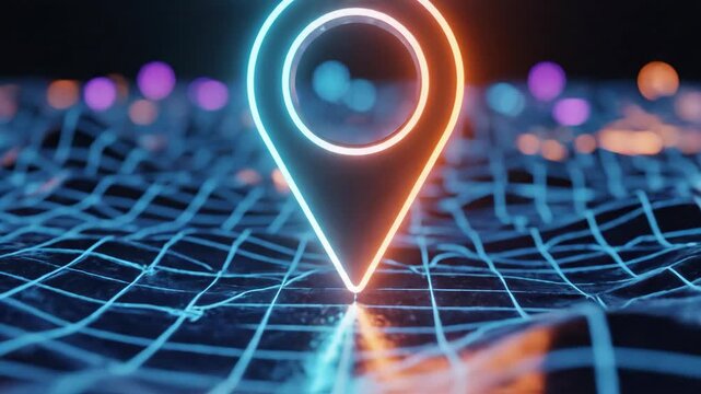Neon glow navigation strategy location map pointer with glowing location pin icon digital grid network background futuristic scene