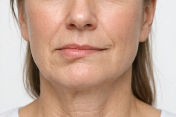 Fototapeta premium A close‑up of the lower face showing fine lines and wrinkles around the mouth and chin, highlighting natural skin aging, dermatologic evaluation, and cosmetic treatment considerations.