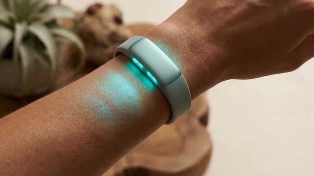 Wearable technology wellness harmony tracker wrist bracelet with glowing green sensor light fitness gadget digital smart monitor