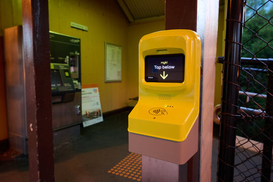 New Conduent myki reader at the sheltered entrance to a suburban train station in greater Melbourne