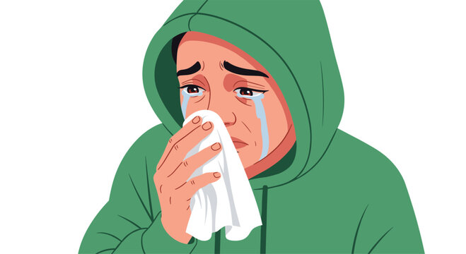 A close up illustration shows a person in a green hoodie crying and holding a white tissue to their nose.