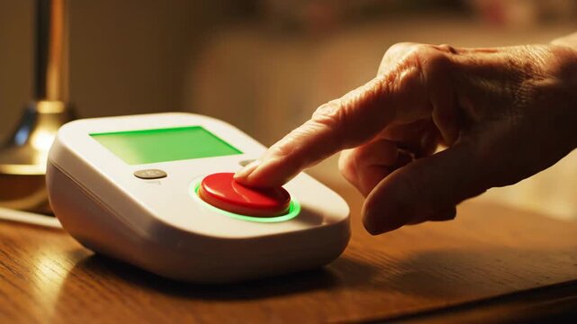 Senior hand emergency button wellness alert device technology harmony safety support care help at home for senior wellness