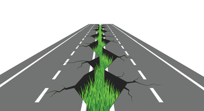 A long grey asphalt road is split by a deep zigzagging fissure filled with green grass receding into the distance toward a white horizon point under a bright sky.