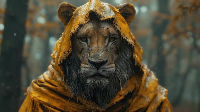 humanoid lion wearing flowing cloak standing in mystical forest with soft light cinematic fantasy style